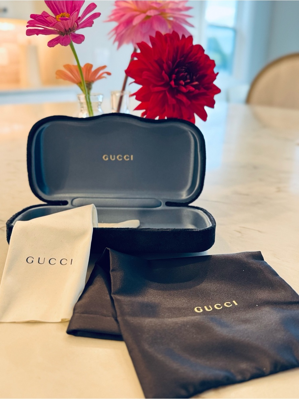 Authentic Gucci Black Sunglasses Hard Case with Gold Logo, Pouch,Cleaning Cloth